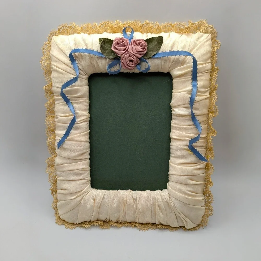 Vintage Grannycore Sateen Picture Frame Blue and Cream Floral Lace Handmade